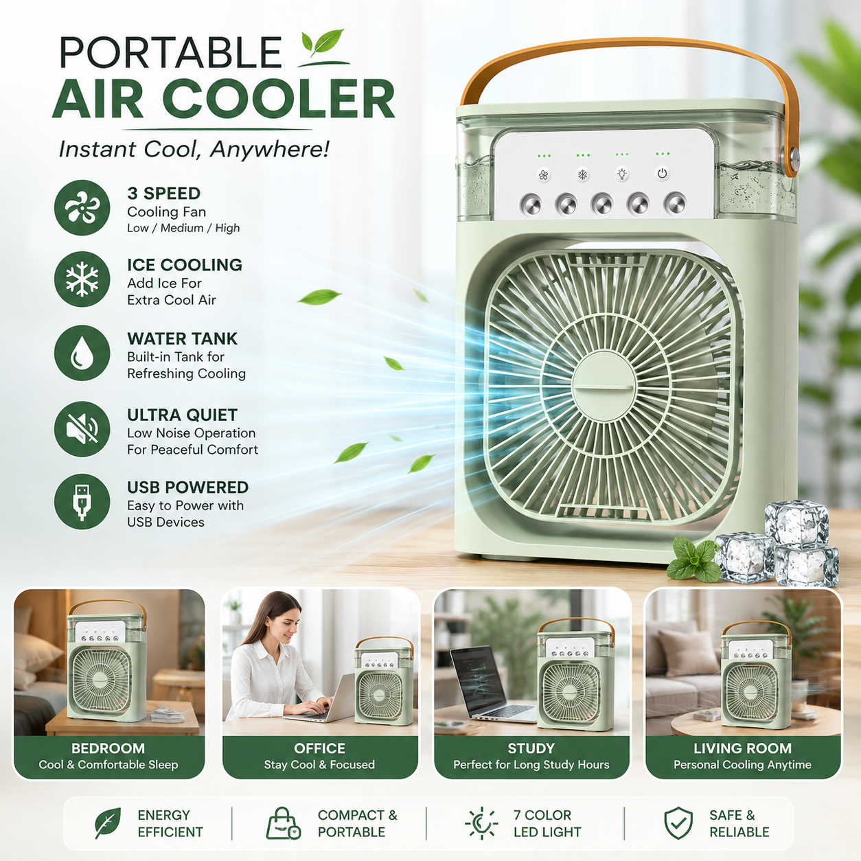 Portable Mini Air Conditioner Fan with Water Tank & Ice Cooling | USB Powered Personal Air Cooler | 3 Speed Cooling Fan for Home & Office - Image 2