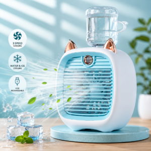 Mini Portable AC Unit with Water Bottle | Rechargeable USB Air Cooler Fan & Humidifier | 3 Speed Personal Mini Air Conditioner (Blue)
