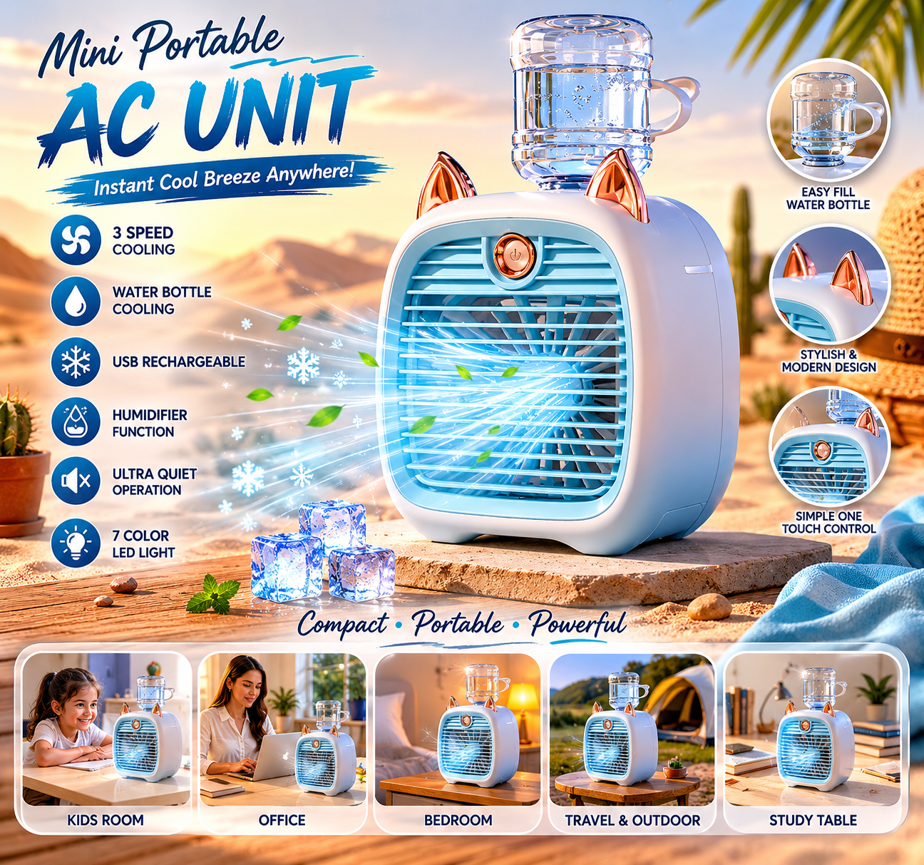 Mini Portable AC Unit with Water Bottle | Rechargeable USB Air Cooler Fan & Humidifier | 3 Speed Personal Mini Air Conditioner (Blue) - Image 3