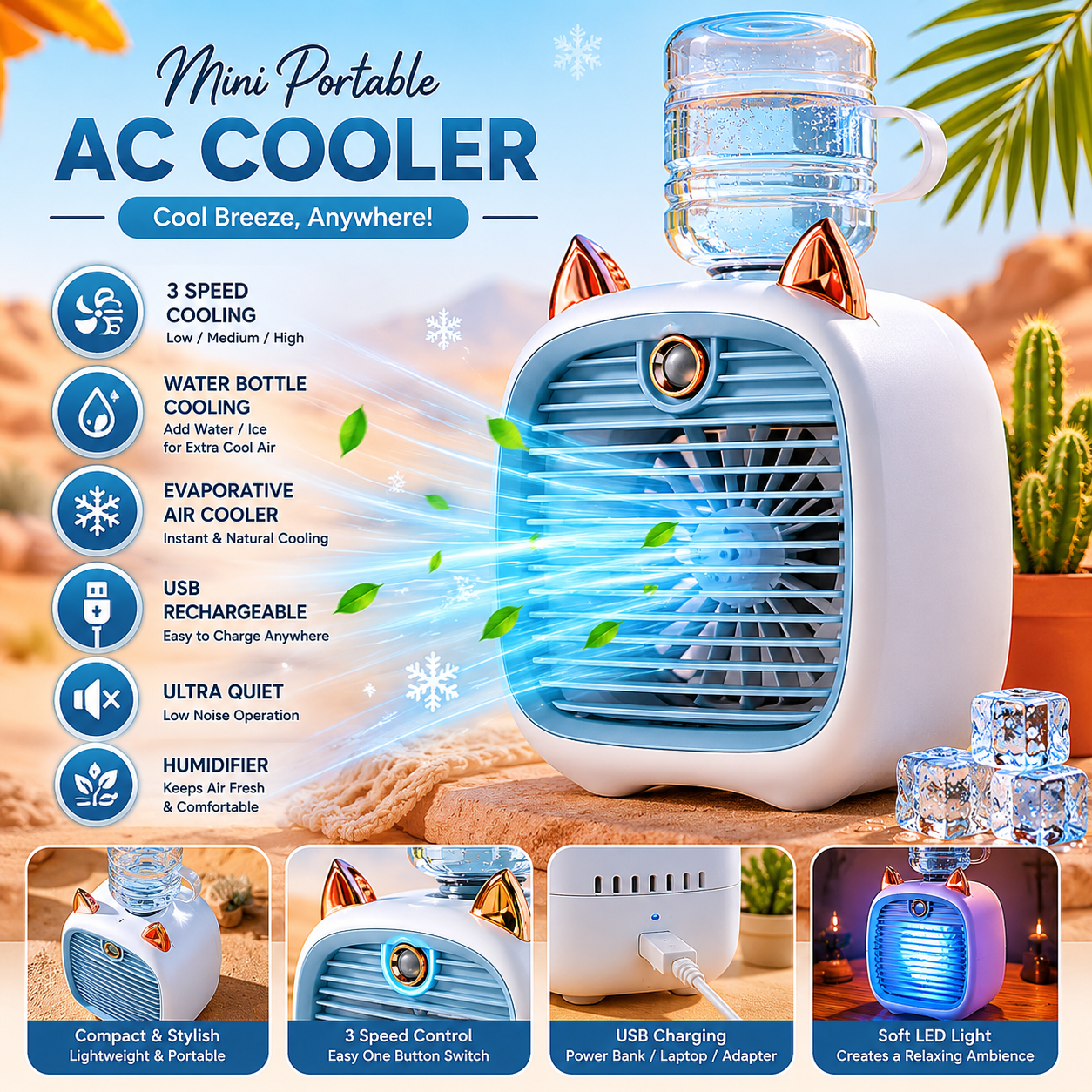 Mini Portable AC Unit with Water Bottle | Rechargeable USB Air Cooler Fan & Humidifier | 3 Speed Personal Mini Air Conditioner (Blue) - Image 2